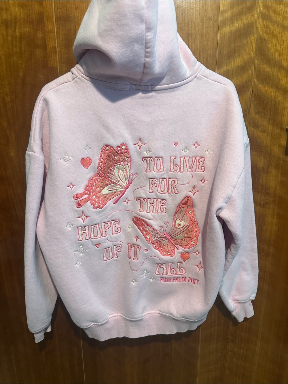 Pink Palm Puff-Women's Light Pink Hooded Sweatshirt with Coral Palm Accent - Picture 2 of 2